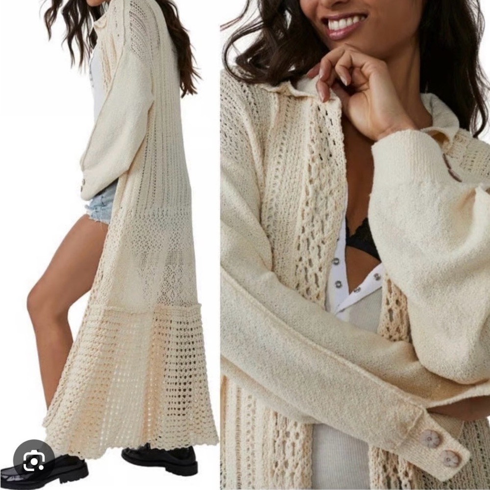 Free People Sunlight Mixed Stitch Long Cardigan Sweater Duster Boho Ivory medium